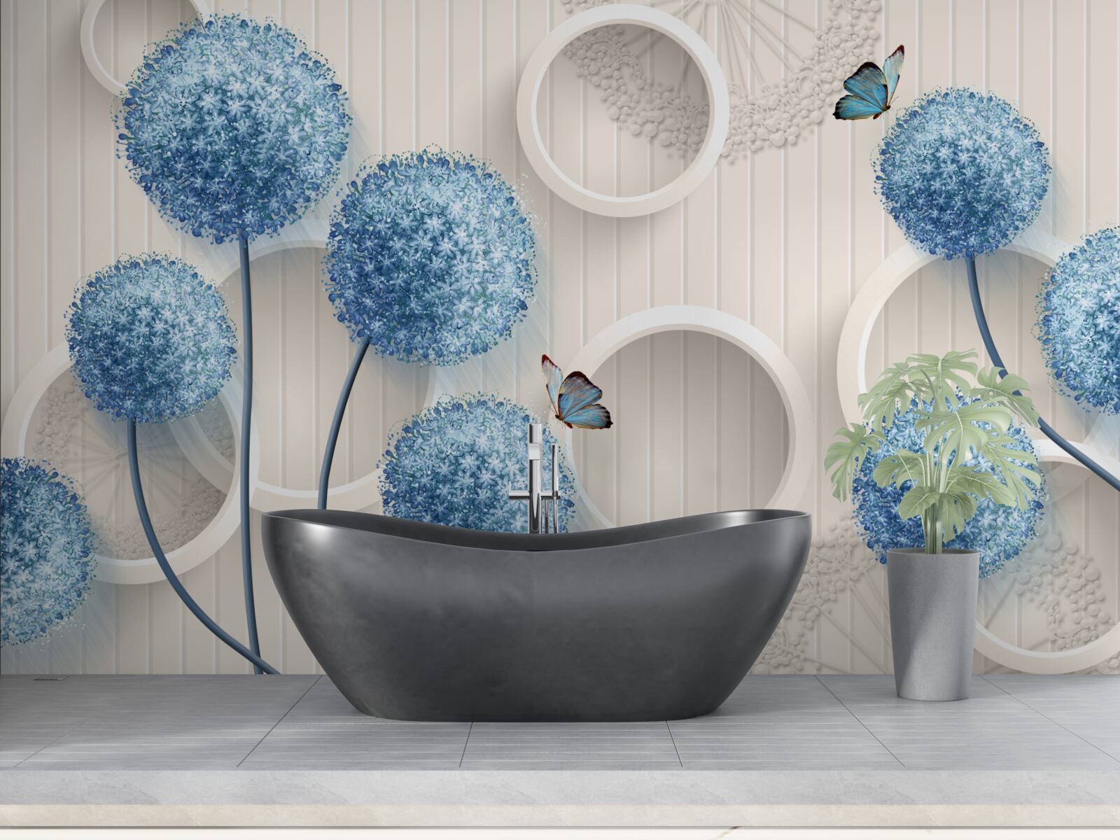 Fotobehang vlinders en blauwe bloemen op een witte achtergrond