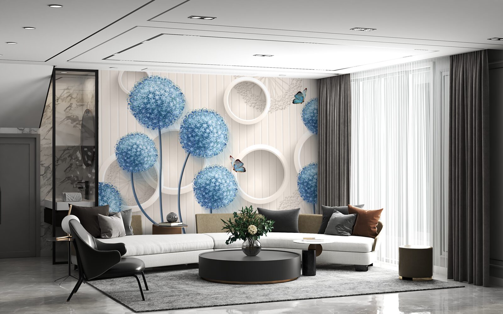 Fotobehang vlinders en blauwe bloemen op een witte achtergrond