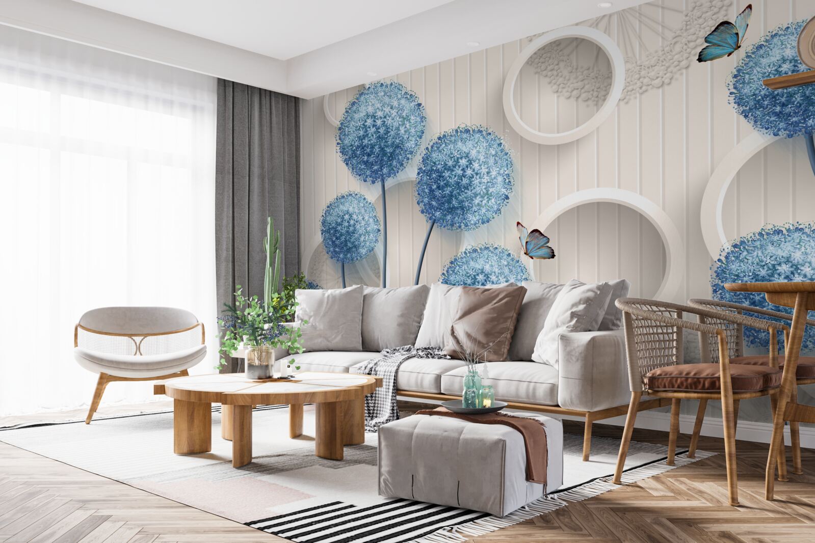 Fotobehang vlinders en blauwe bloemen op een witte achtergrond