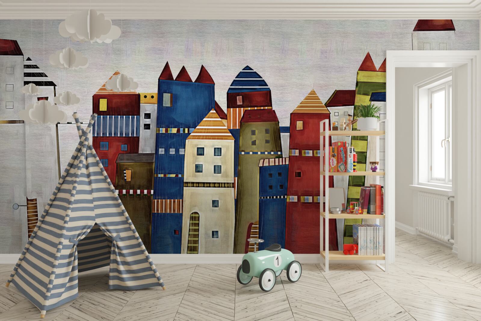 Fotobehang veelkleurige huizen in een abstracte stijl