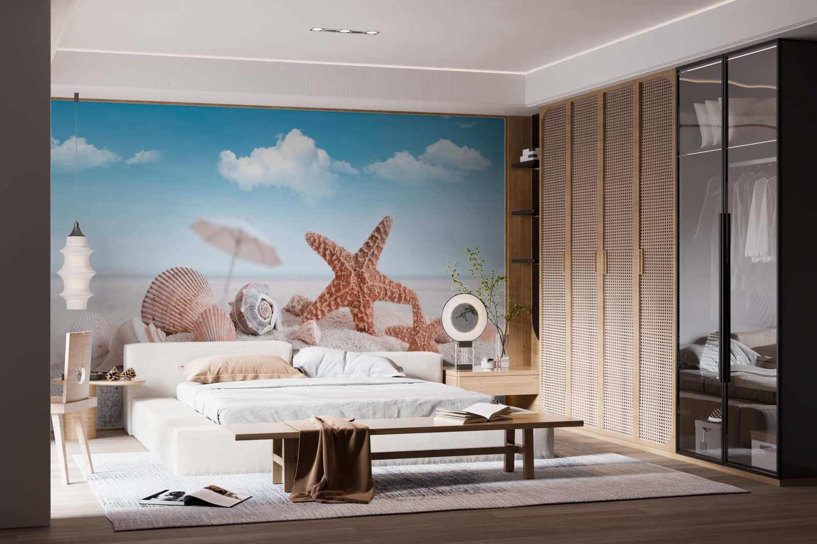 Fotobehang schelpen van schaaldieren op een zanderige kustlijn