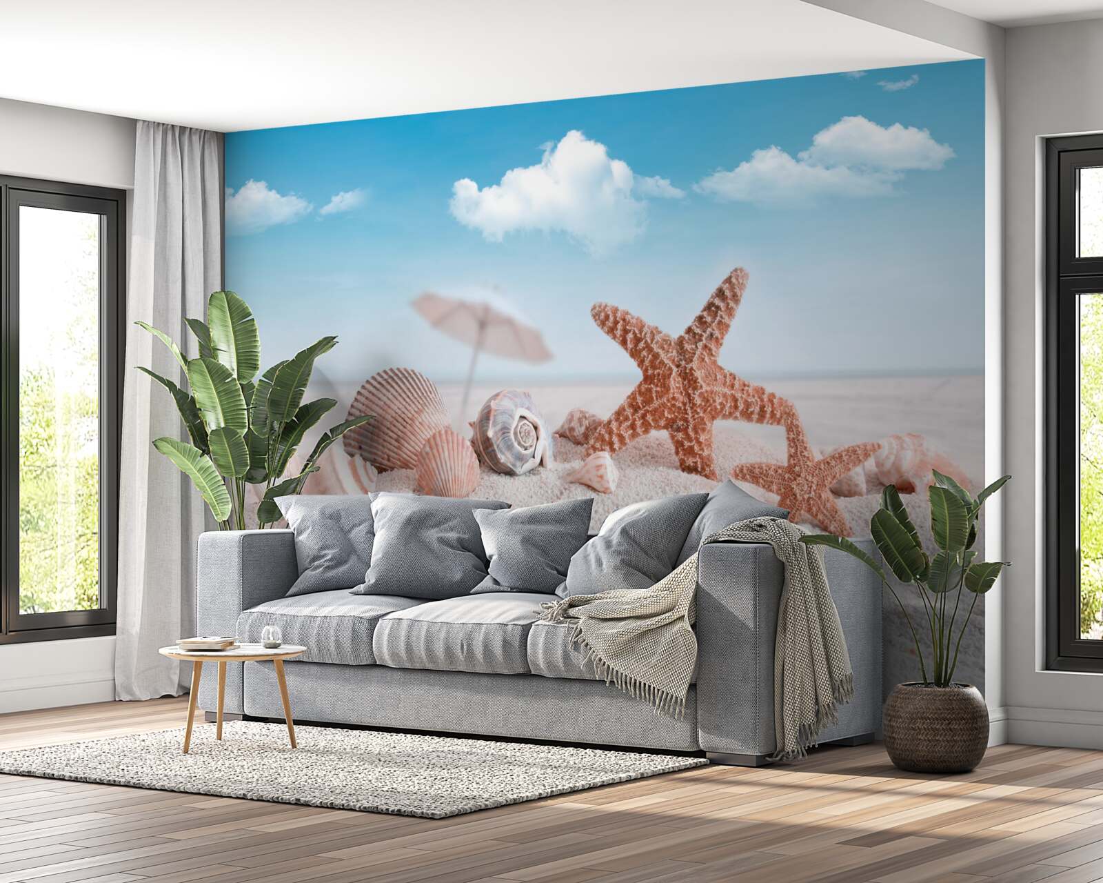 Fotobehang schelpen van schaaldieren op een zanderige kustlijn