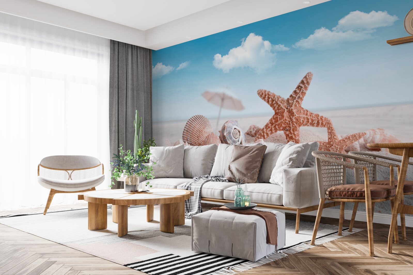 Fotobehang schelpen van schaaldieren op een zanderige kustlijn