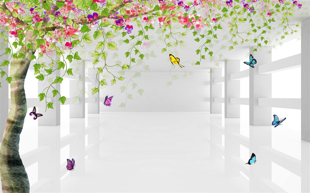 Fotobehang vlinders dwalen door een bloeiende boom in een gang