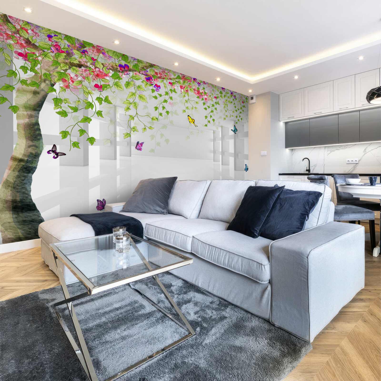 Fotobehang vlinders dwalen door een bloeiende boom in een gang