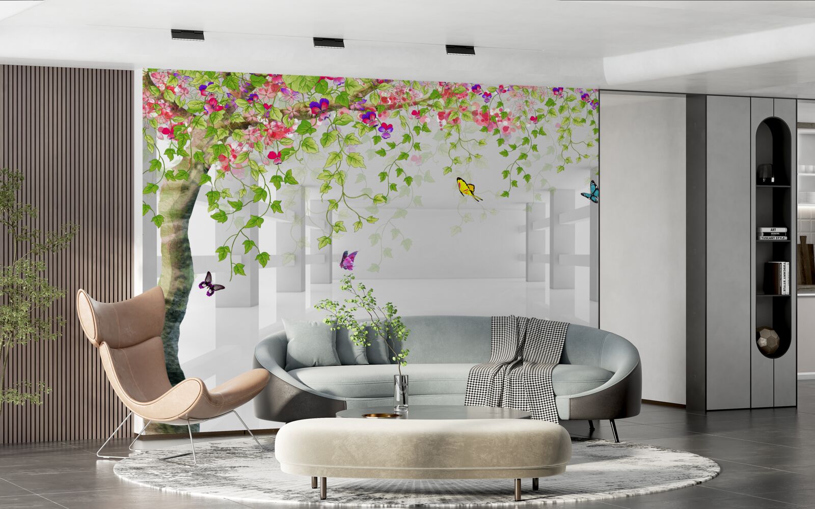 Fotobehang vlinders dwalen door een bloeiende boom in een gang