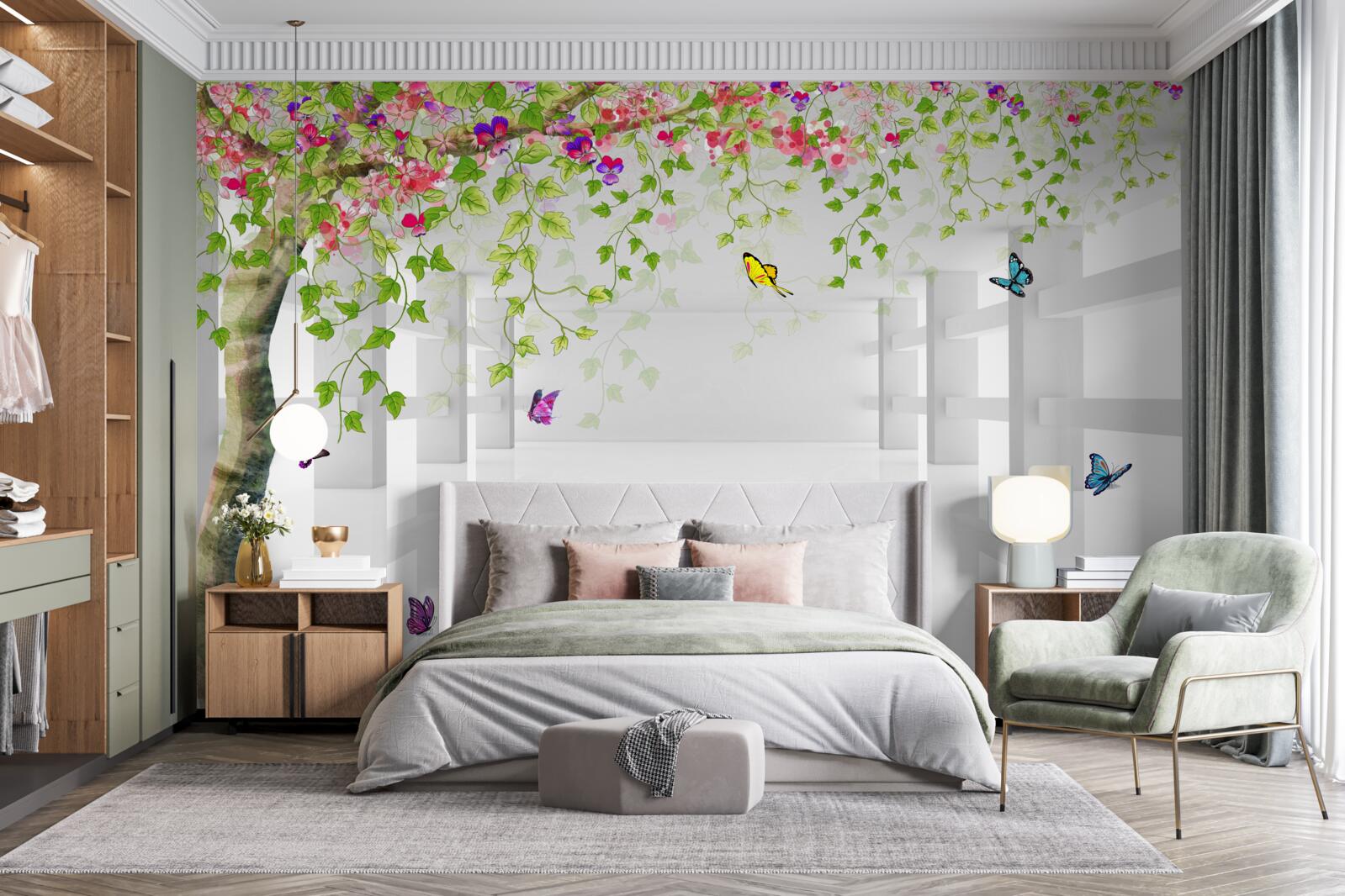 Fotobehang vlinders dwalen door een bloeiende boom in een gang