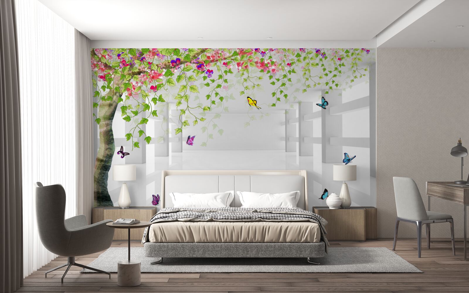 Fotobehang vlinders dwalen door een bloeiende boom in een gang