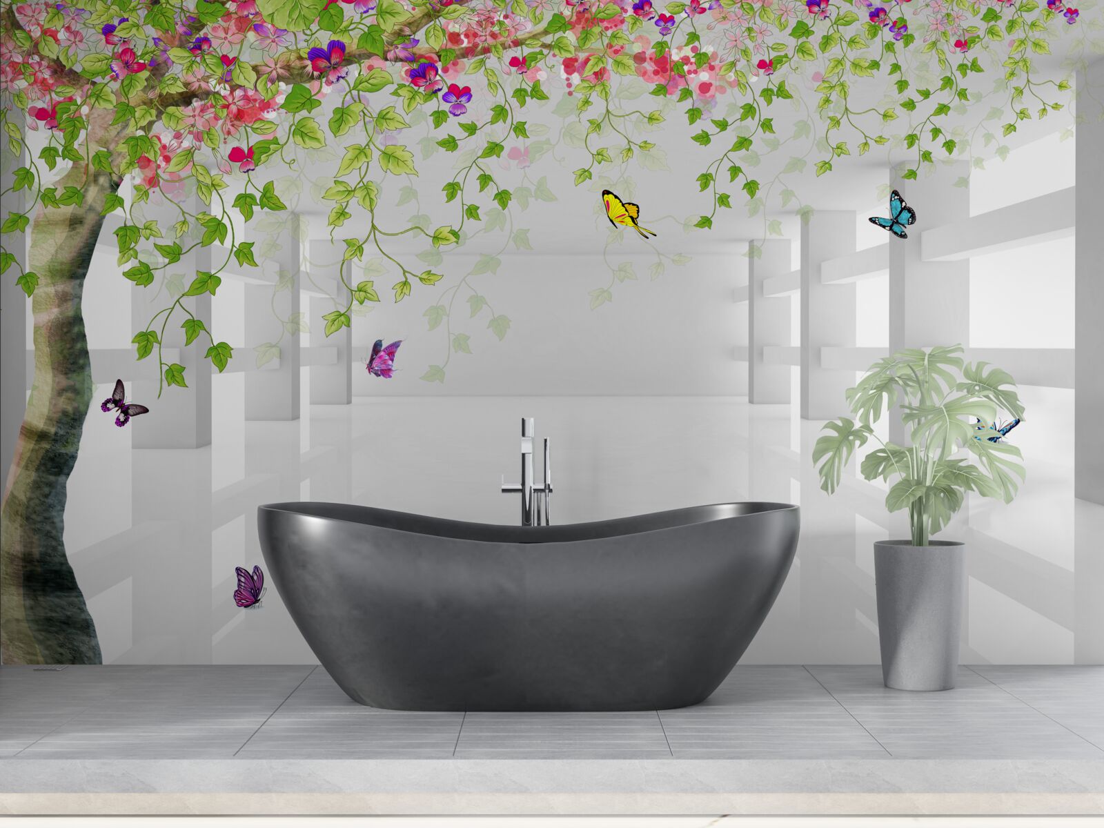 Fotobehang vlinders dwalen door een bloeiende boom in een gang