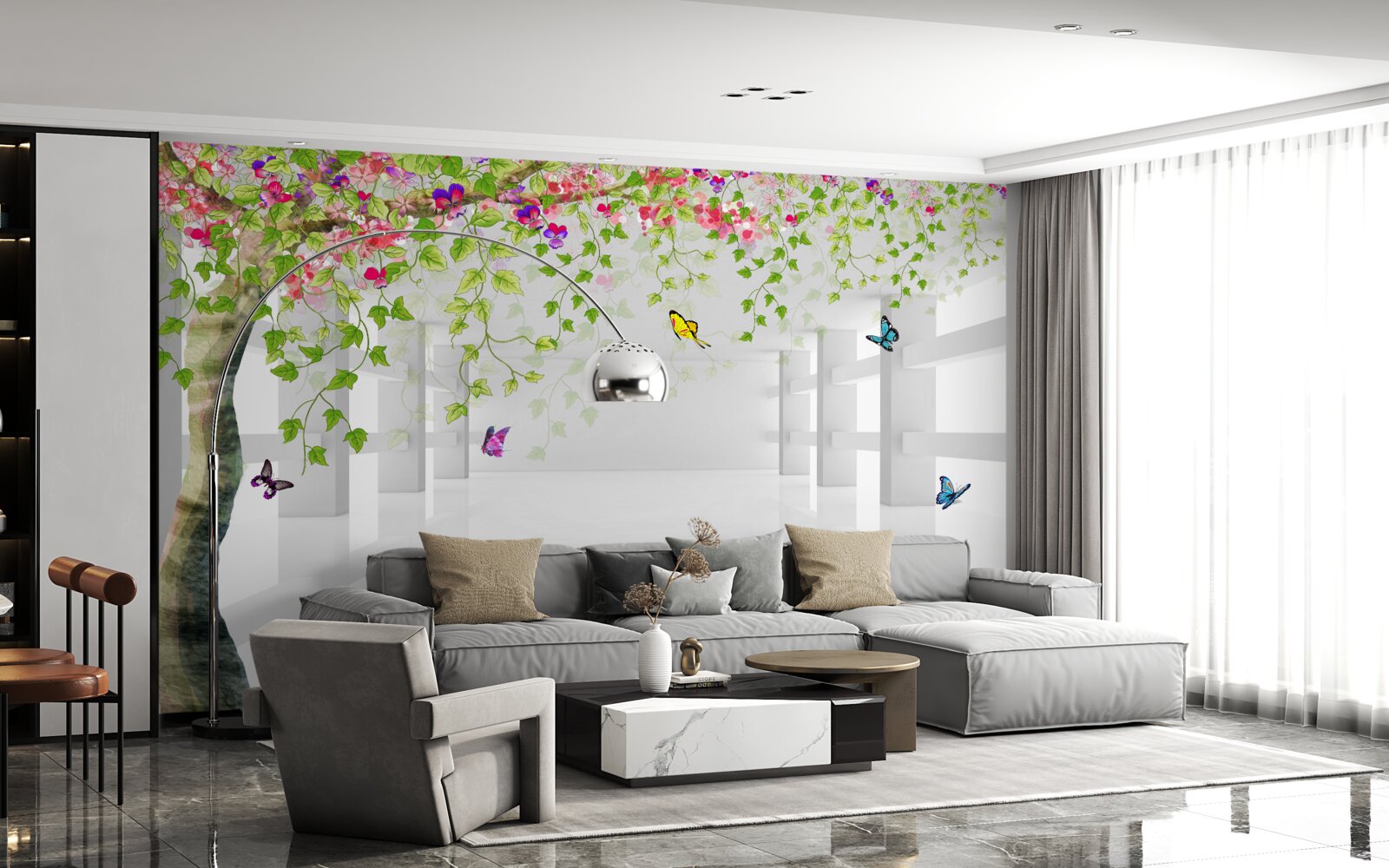 Fotobehang vlinders dwalen door een bloeiende boom in een gang