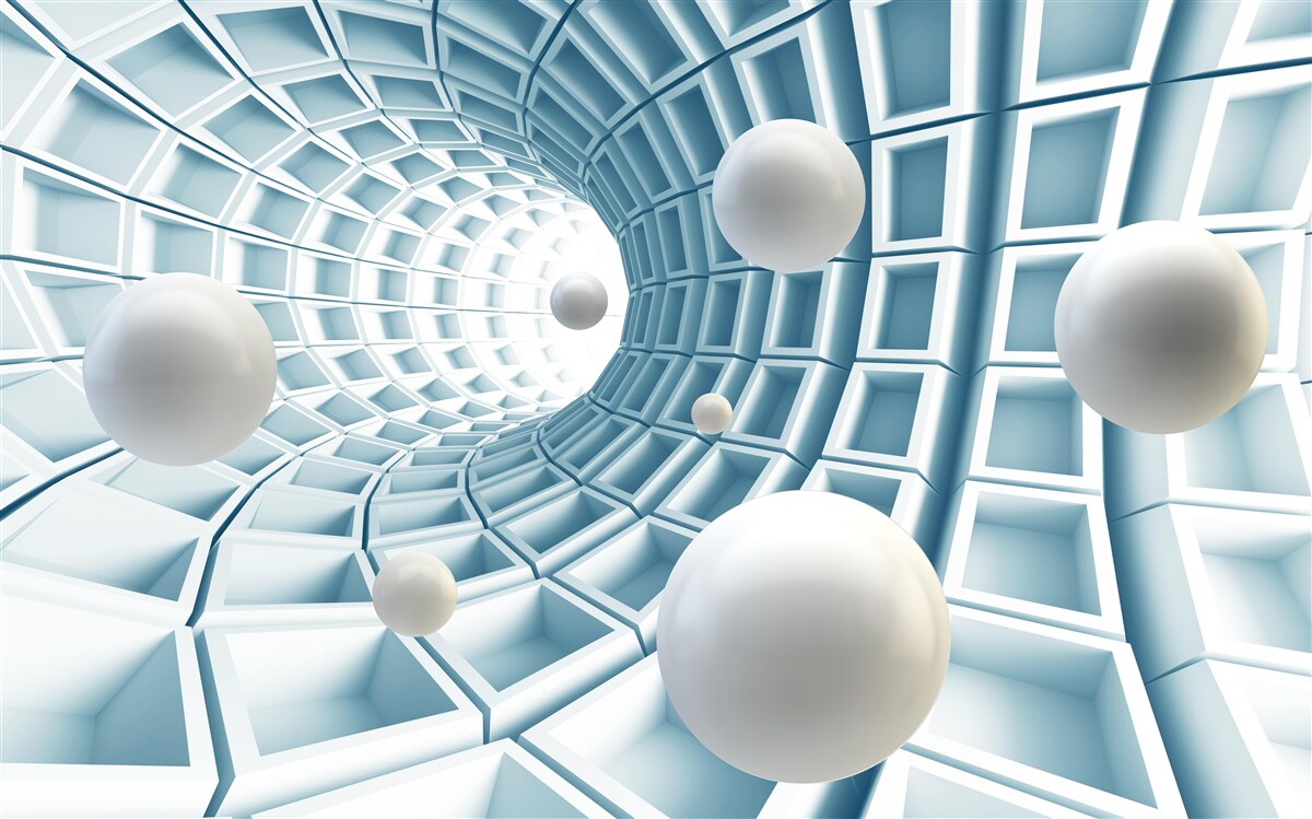 Fotobehang lichtballen zweven in een vervagende blauwe gang