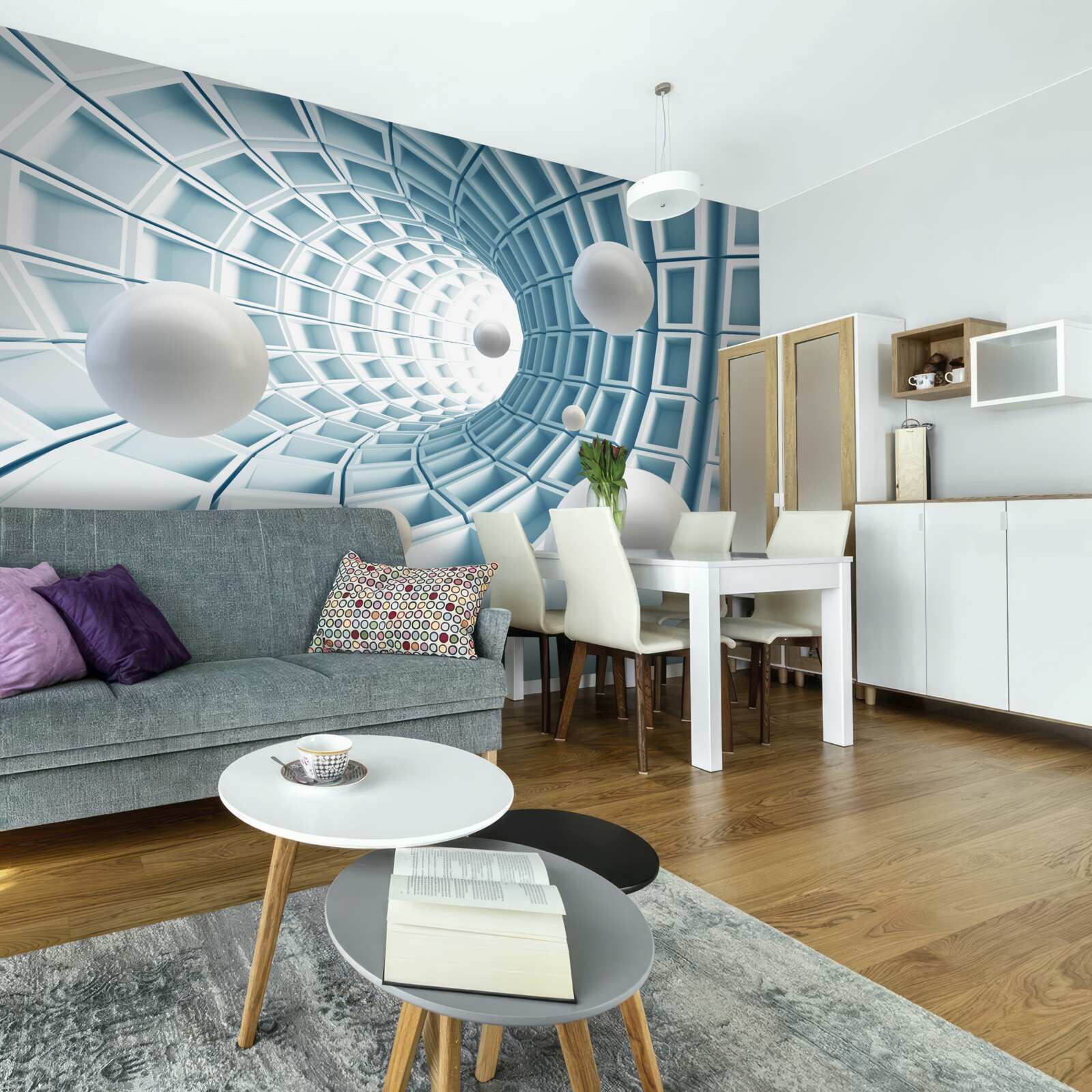 Fotobehang lichtballen zweven in een vervagende blauwe gang