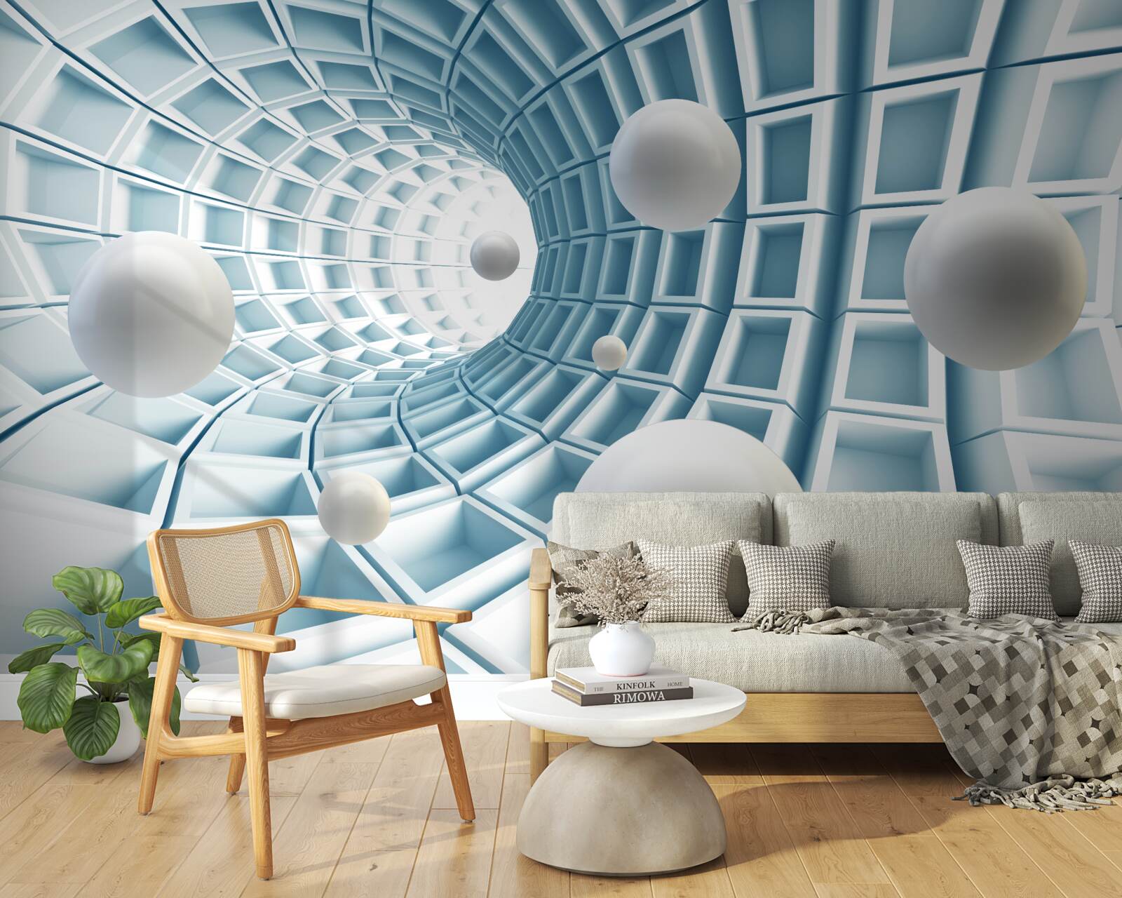 Fotobehang lichtballen zweven in een vervagende blauwe gang