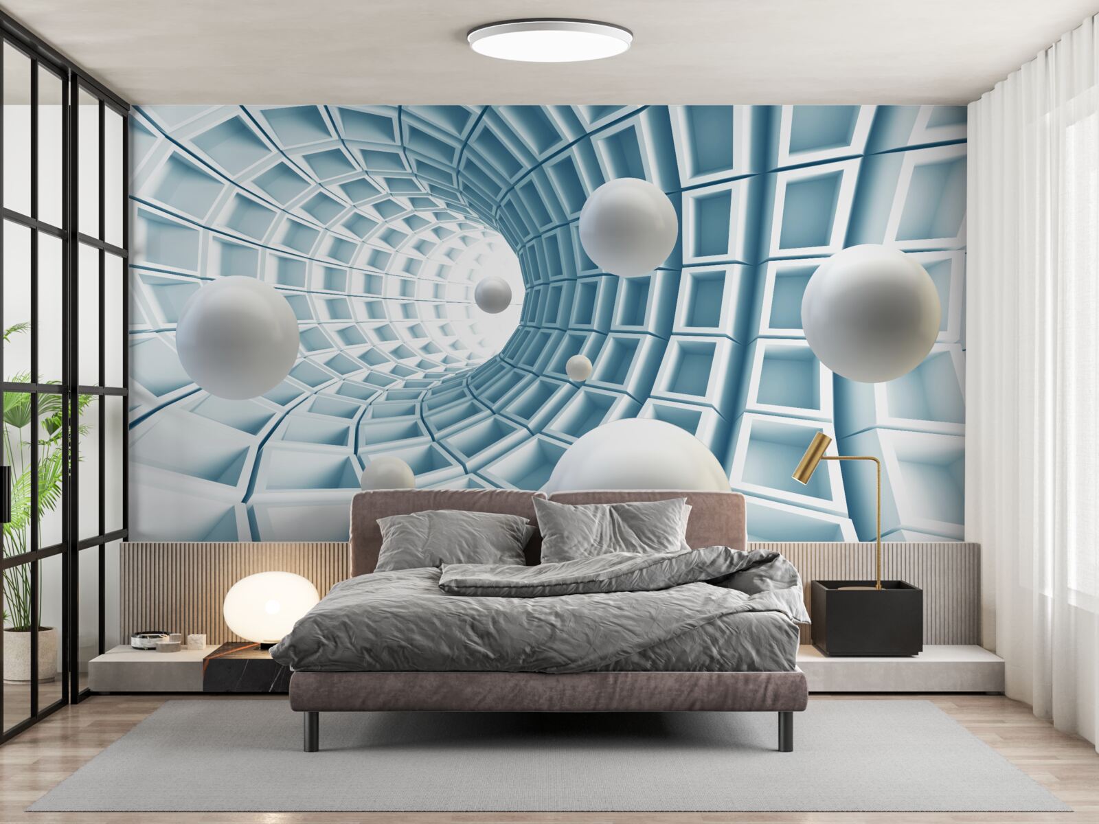 Fotobehang lichtballen zweven in een vervagende blauwe gang