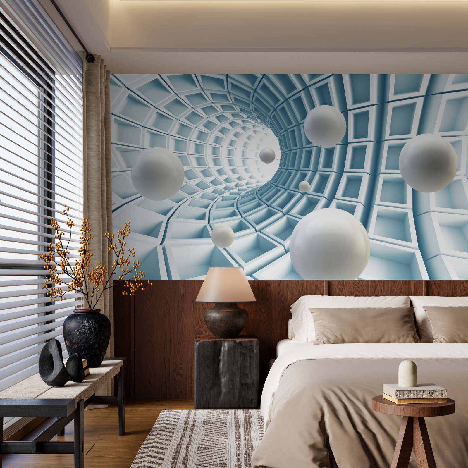 Fotobehang lichtballen zweven in een vervagende blauwe gang