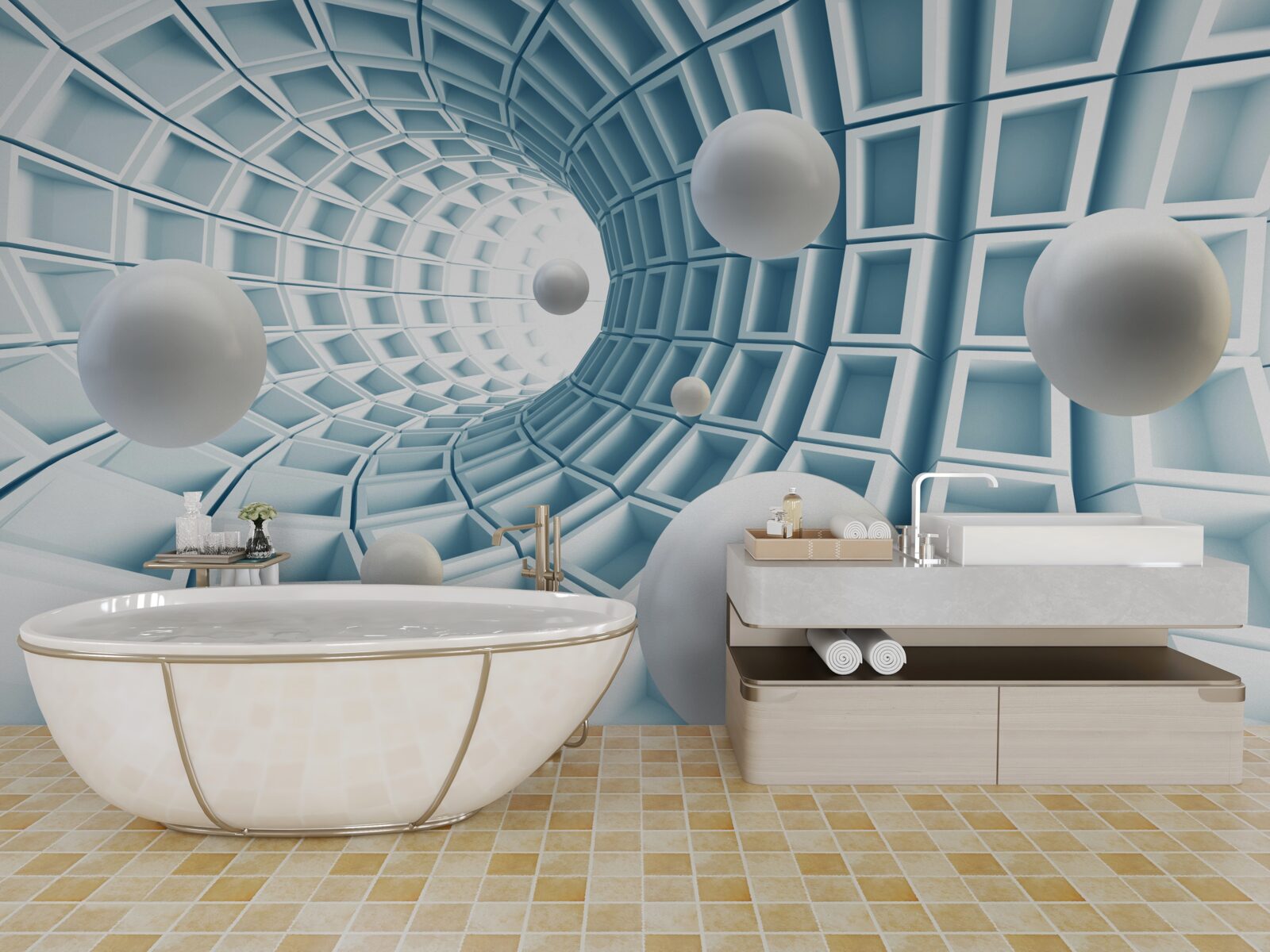 Fotobehang lichtballen zweven in een vervagende blauwe gang