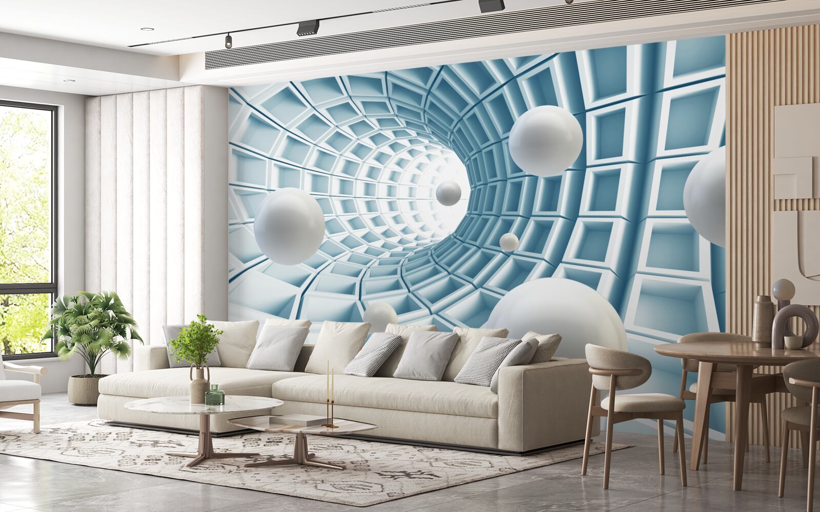 Fotobehang lichtballen zweven in een vervagende blauwe gang