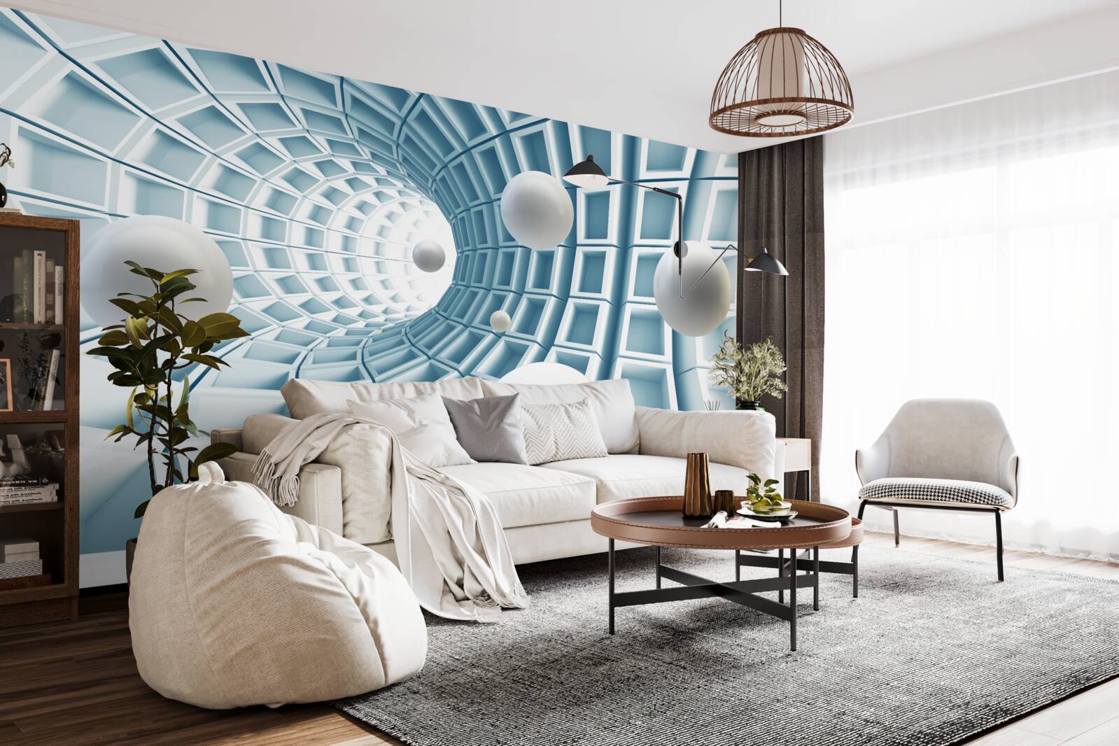 Fotobehang lichtballen zweven in een vervagende blauwe gang