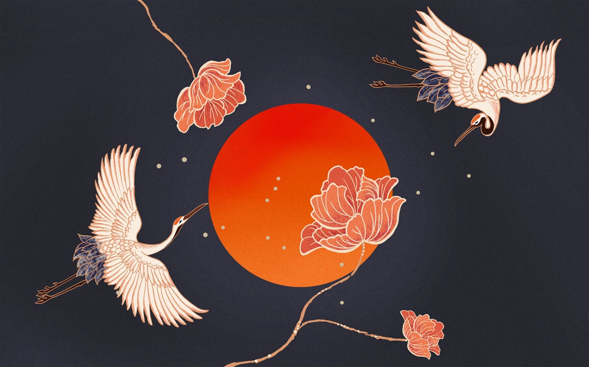 Fotobehang zonsondergang wordt gemarkeerd door het vertrek van kraanvogels