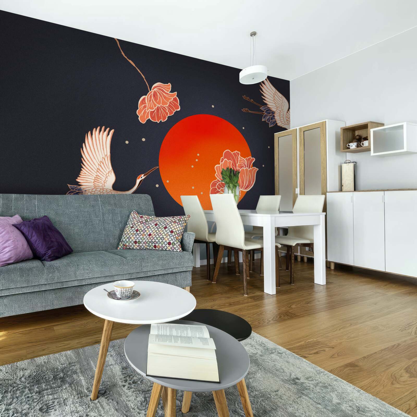 Fotobehang zonsondergang wordt gemarkeerd door het vertrek van kraanvogels