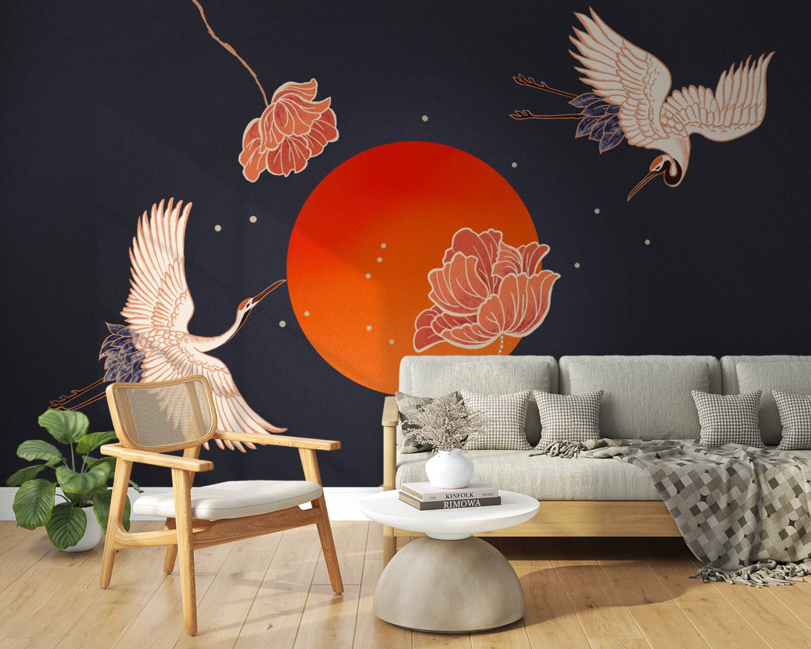 Fotobehang zonsondergang wordt gemarkeerd door het vertrek van kraanvogels