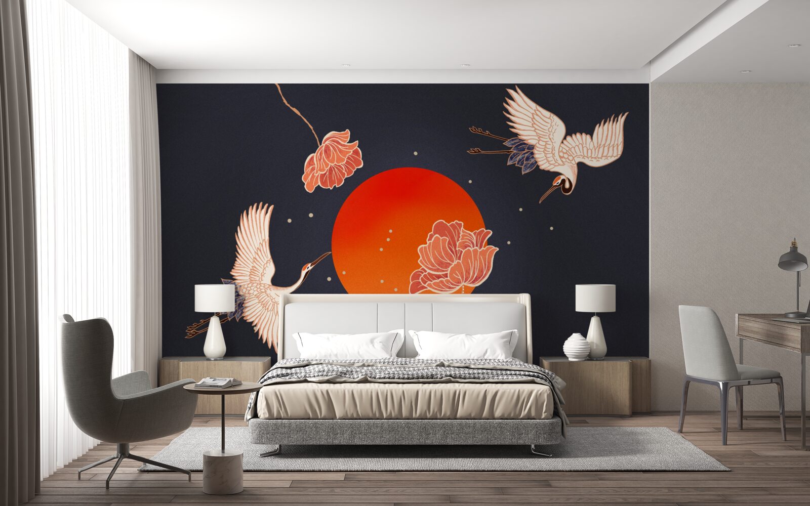 Fotobehang zonsondergang wordt gemarkeerd door het vertrek van kraanvogels