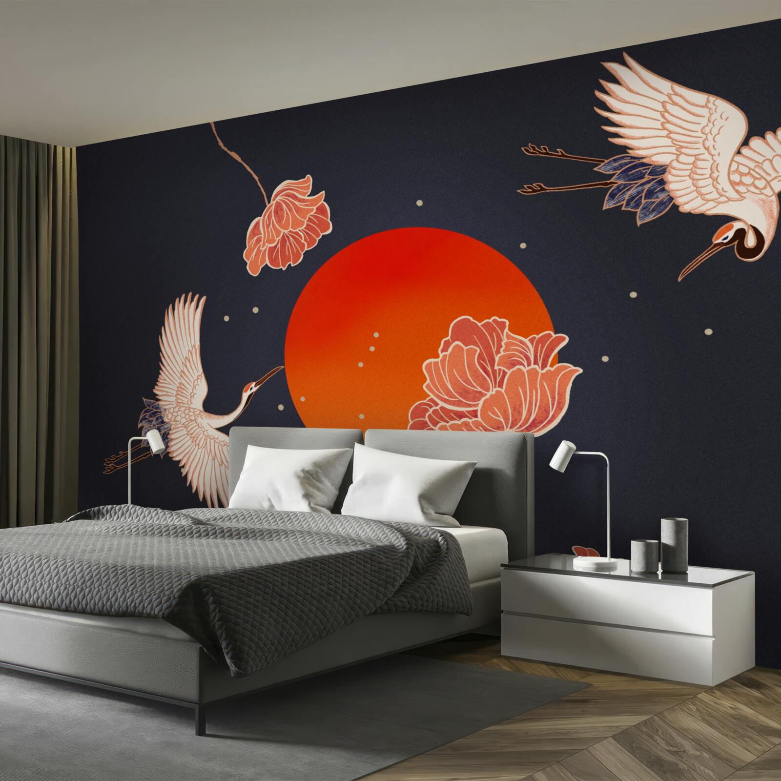 Fotobehang zonsondergang wordt gemarkeerd door het vertrek van kraanvogels