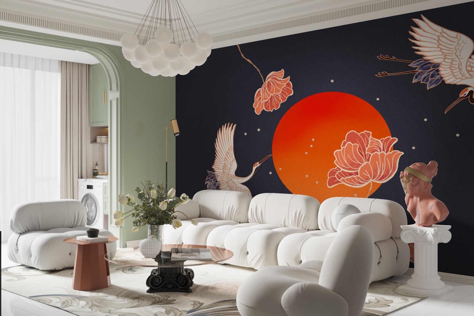 Fotobehang zonsondergang wordt gemarkeerd door het vertrek van kraanvogels