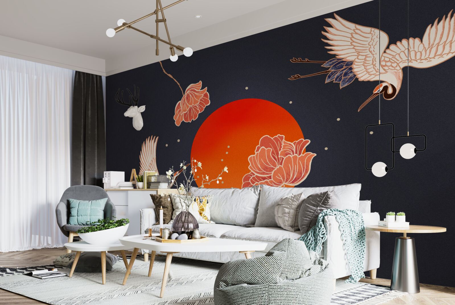 Fotobehang zonsondergang wordt gemarkeerd door het vertrek van kraanvogels