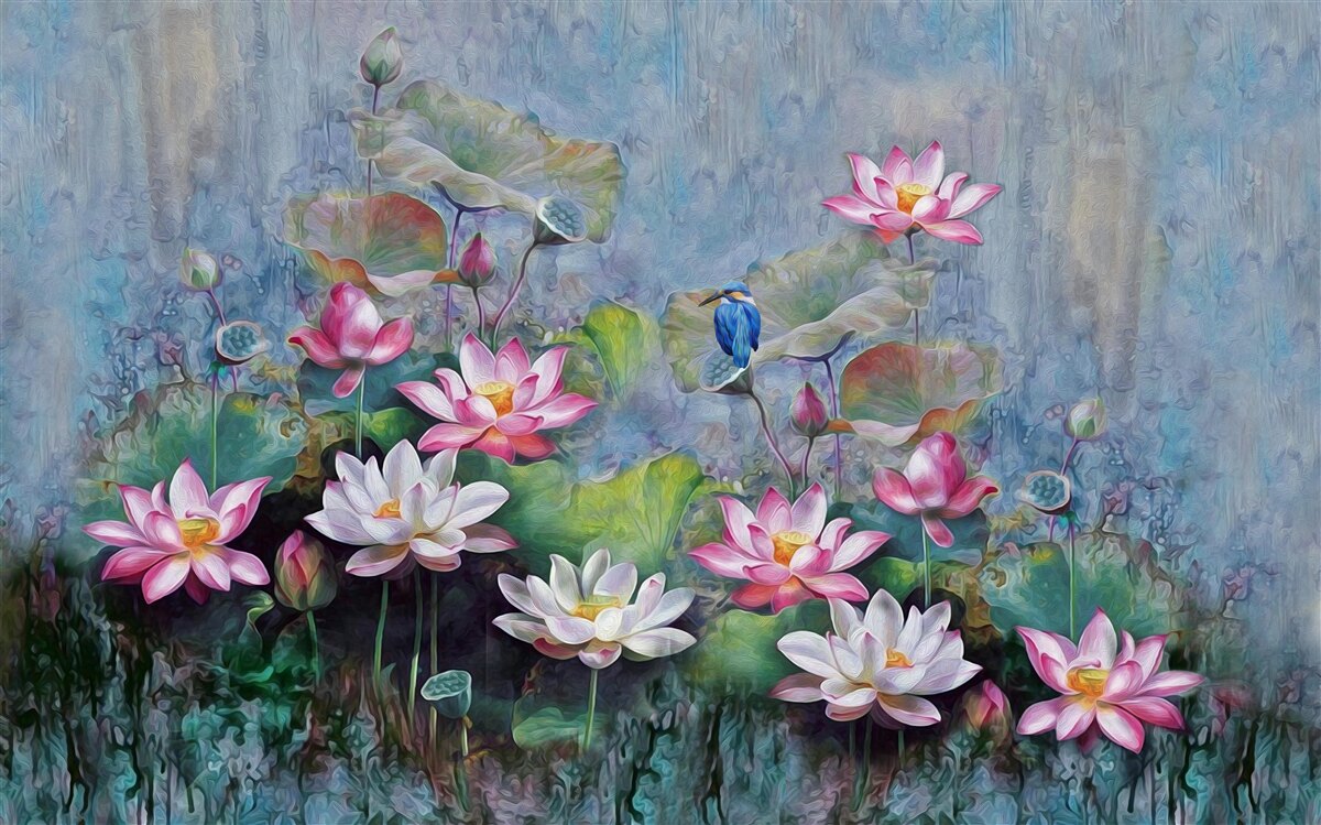 Fotobehang blauwe vogel tussen waterlelies