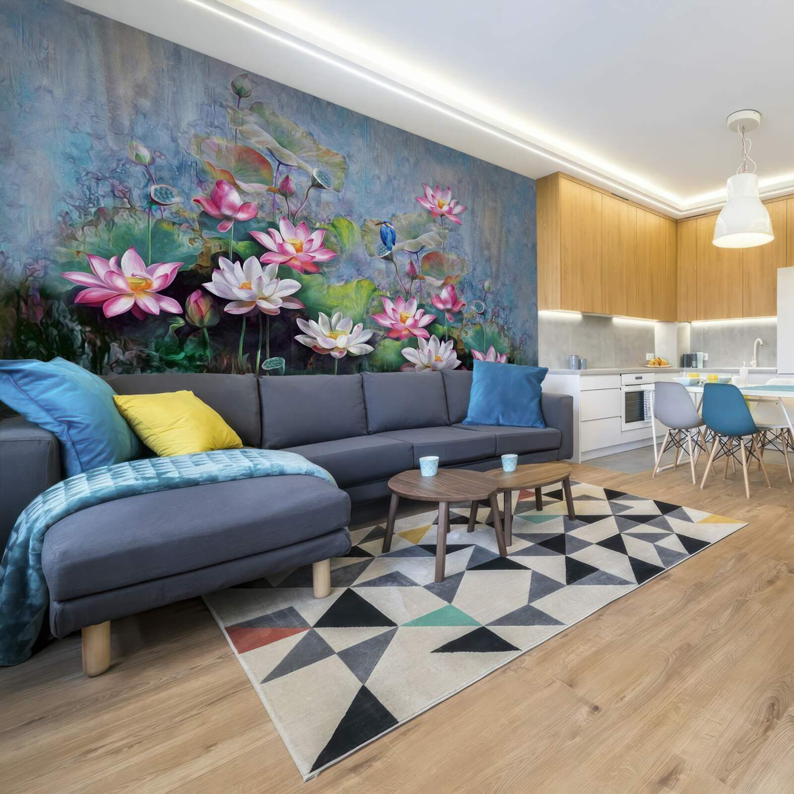 Fotobehang blauwe vogel tussen waterlelies