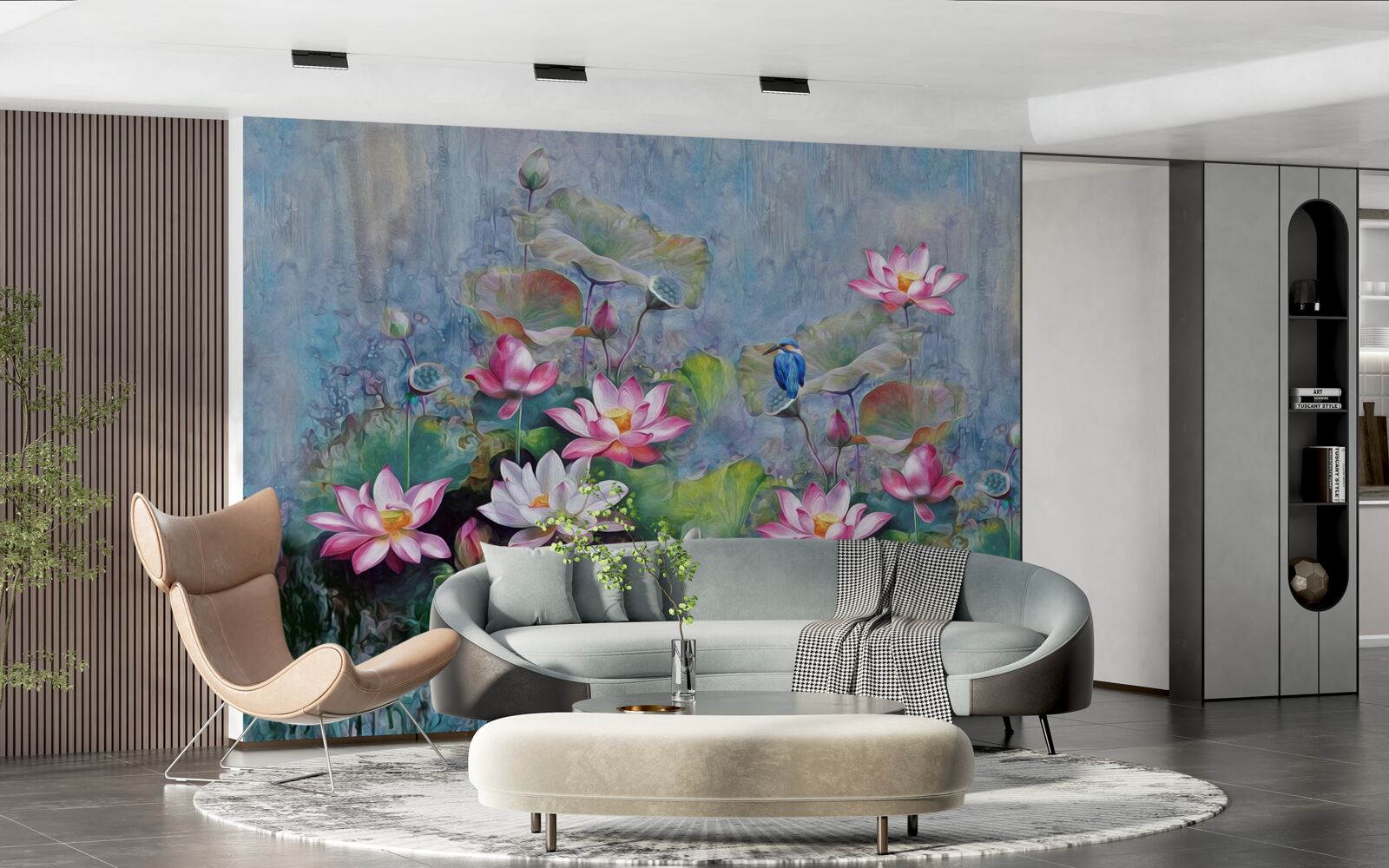 Fotobehang blauwe vogel tussen waterlelies