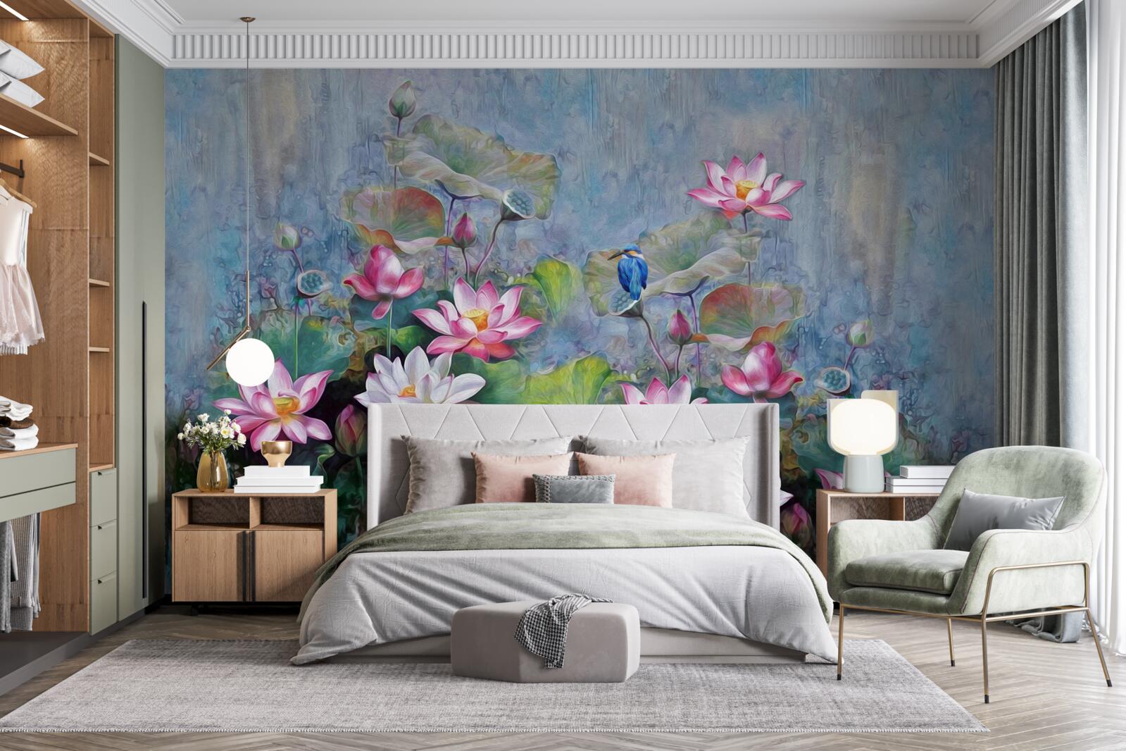 Fotobehang blauwe vogel tussen waterlelies