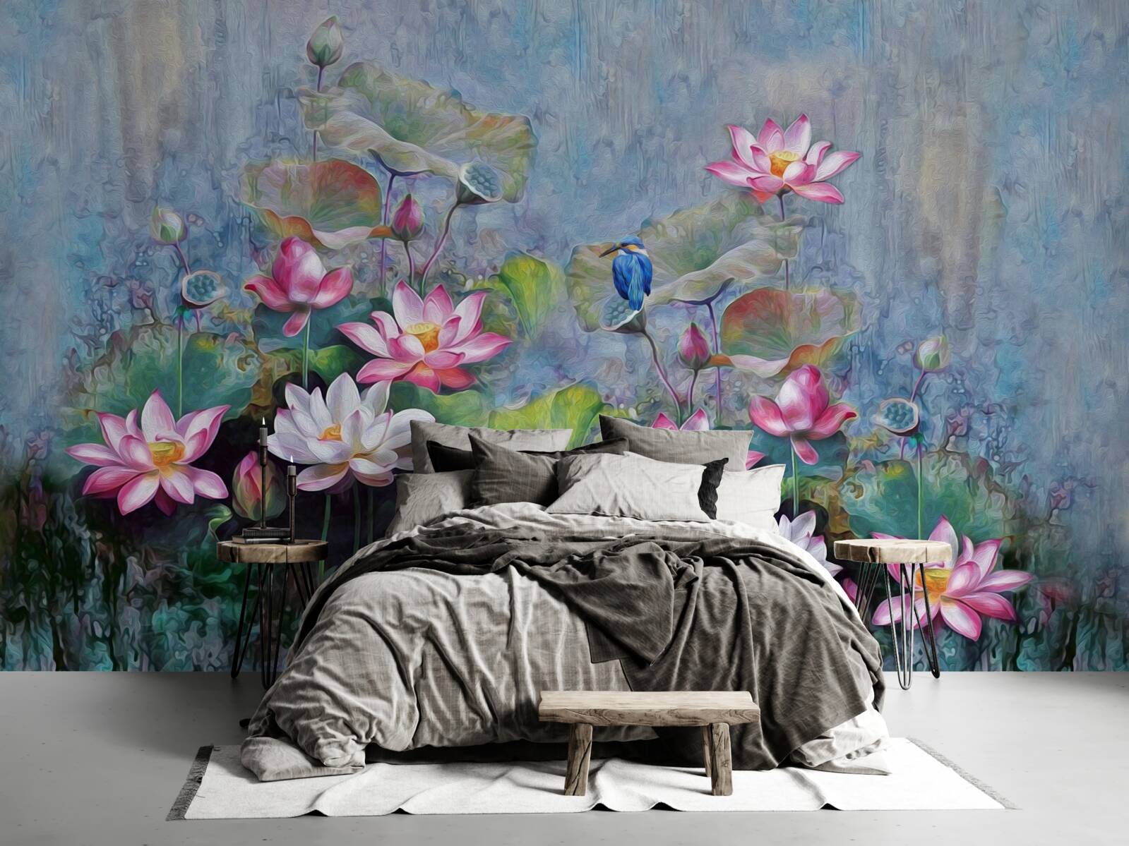 Fotobehang blauwe vogel tussen waterlelies