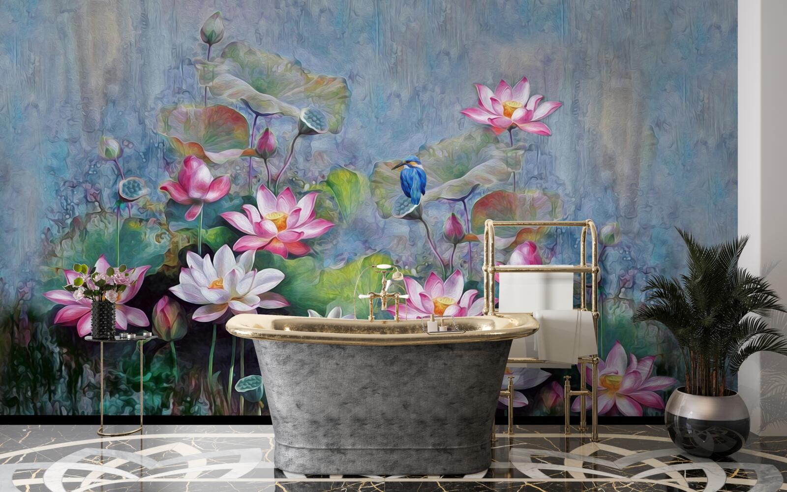 Fotobehang blauwe vogel tussen waterlelies