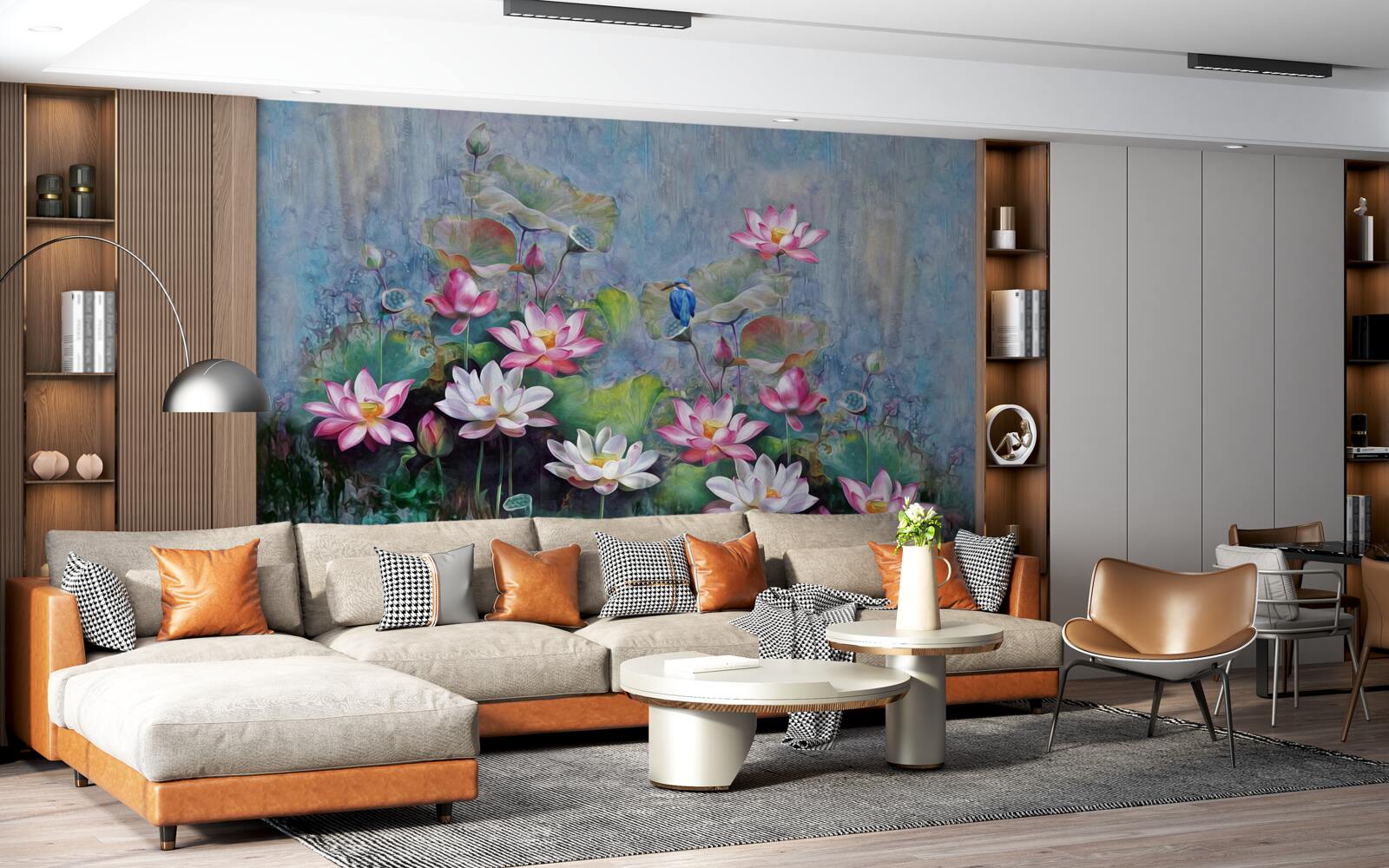 Fotobehang blauwe vogel tussen waterlelies