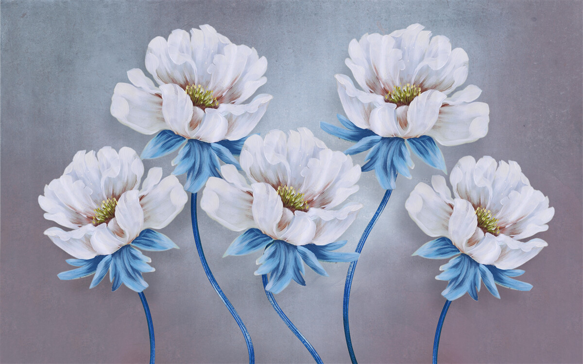 Fotobehang de bloemen zijn wit met een blauwe tint