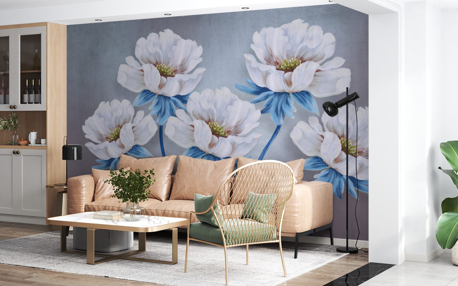 Fotobehang de bloemen zijn wit met een blauwe tint