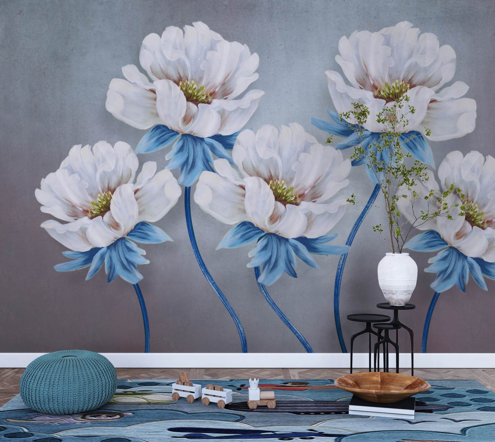 Fotobehang de bloemen zijn wit met een blauwe tint