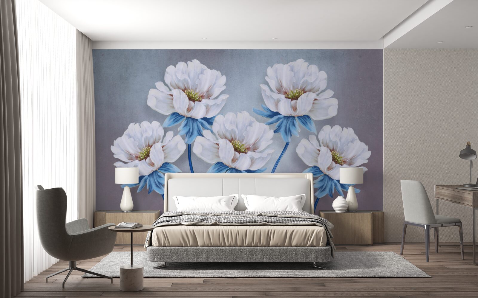 Fotobehang de bloemen zijn wit met een blauwe tint