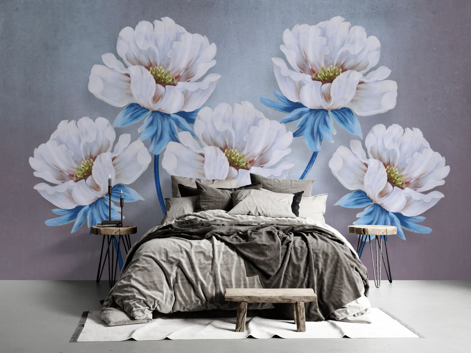 Fotobehang de bloemen zijn wit met een blauwe tint