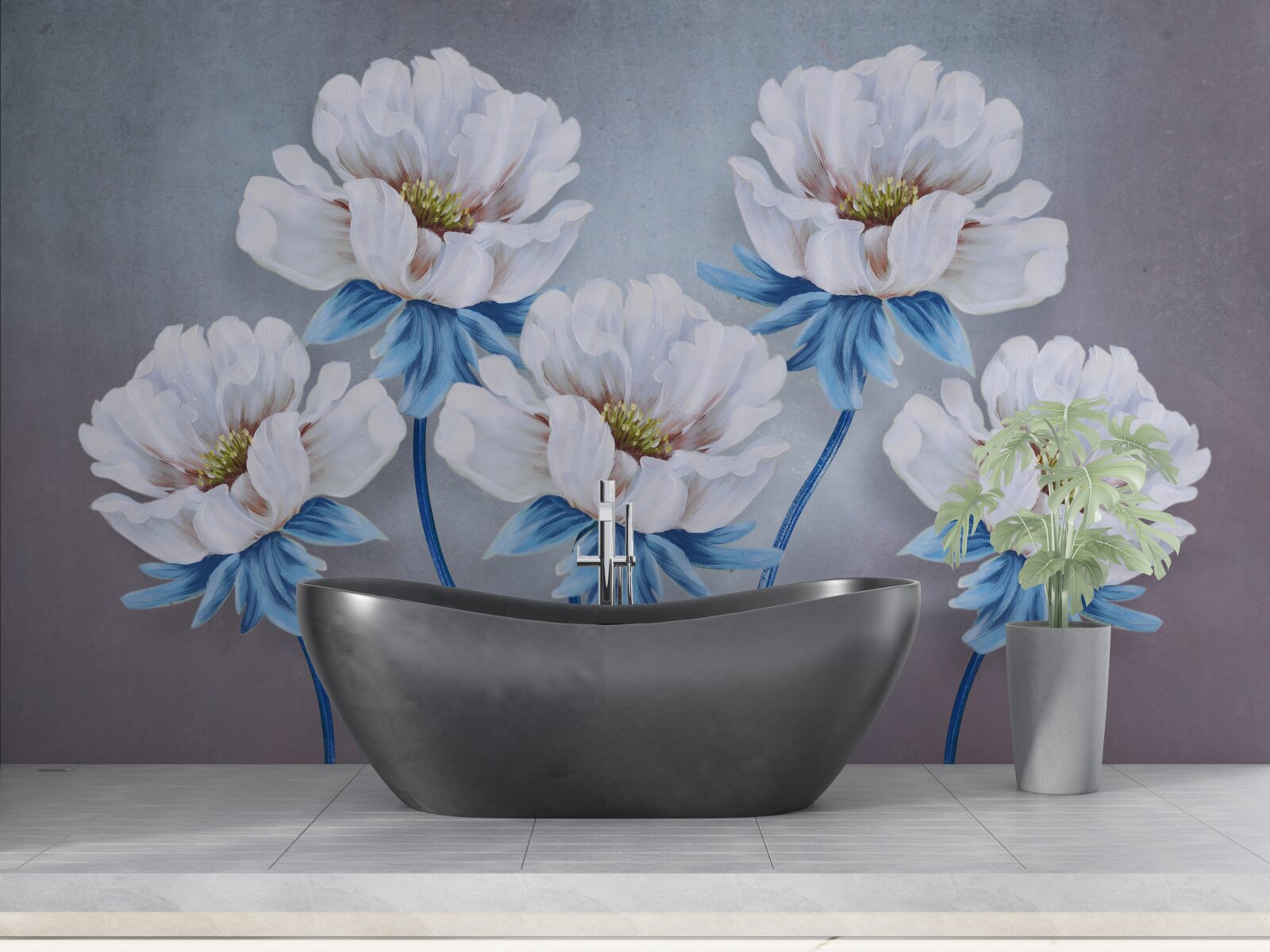 Fotobehang de bloemen zijn wit met een blauwe tint