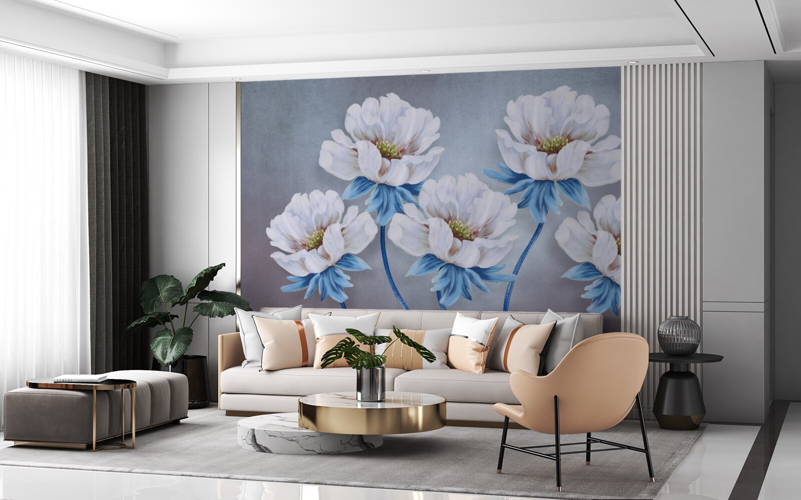 Fotobehang de bloemen zijn wit met een blauwe tint