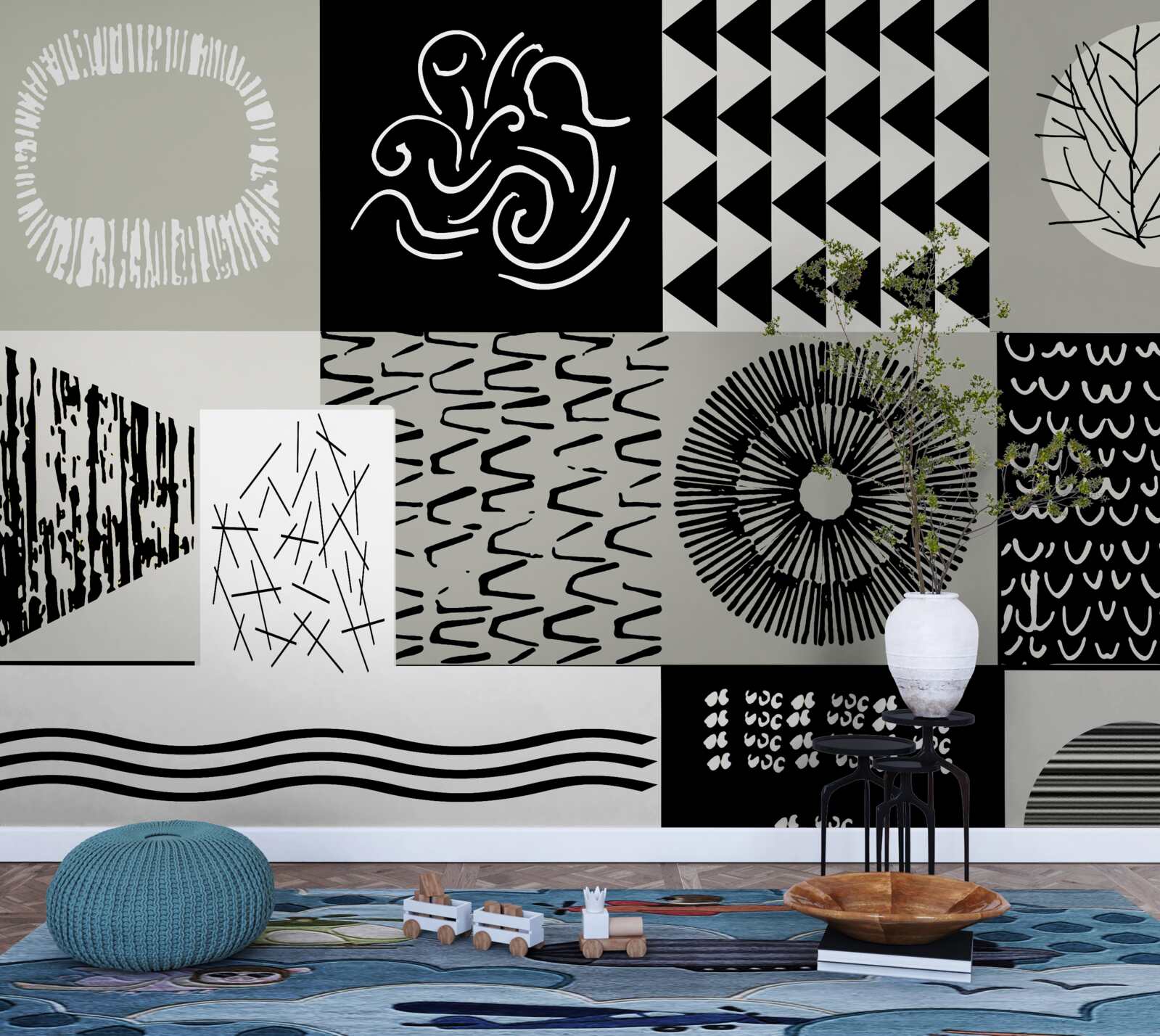 Fotobehang mozaïekset in zwart en wit