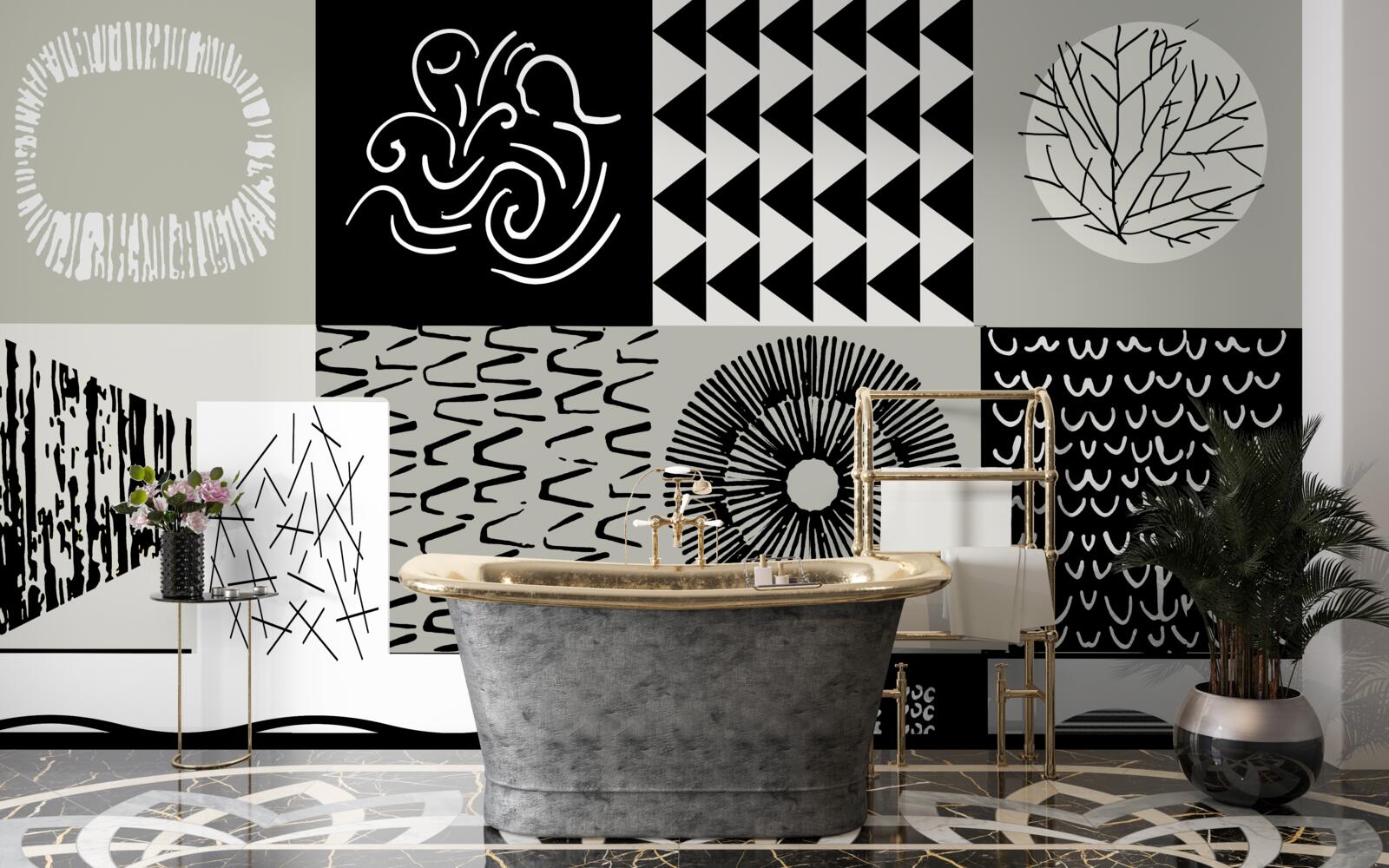 Fotobehang mozaïekset in zwart en wit