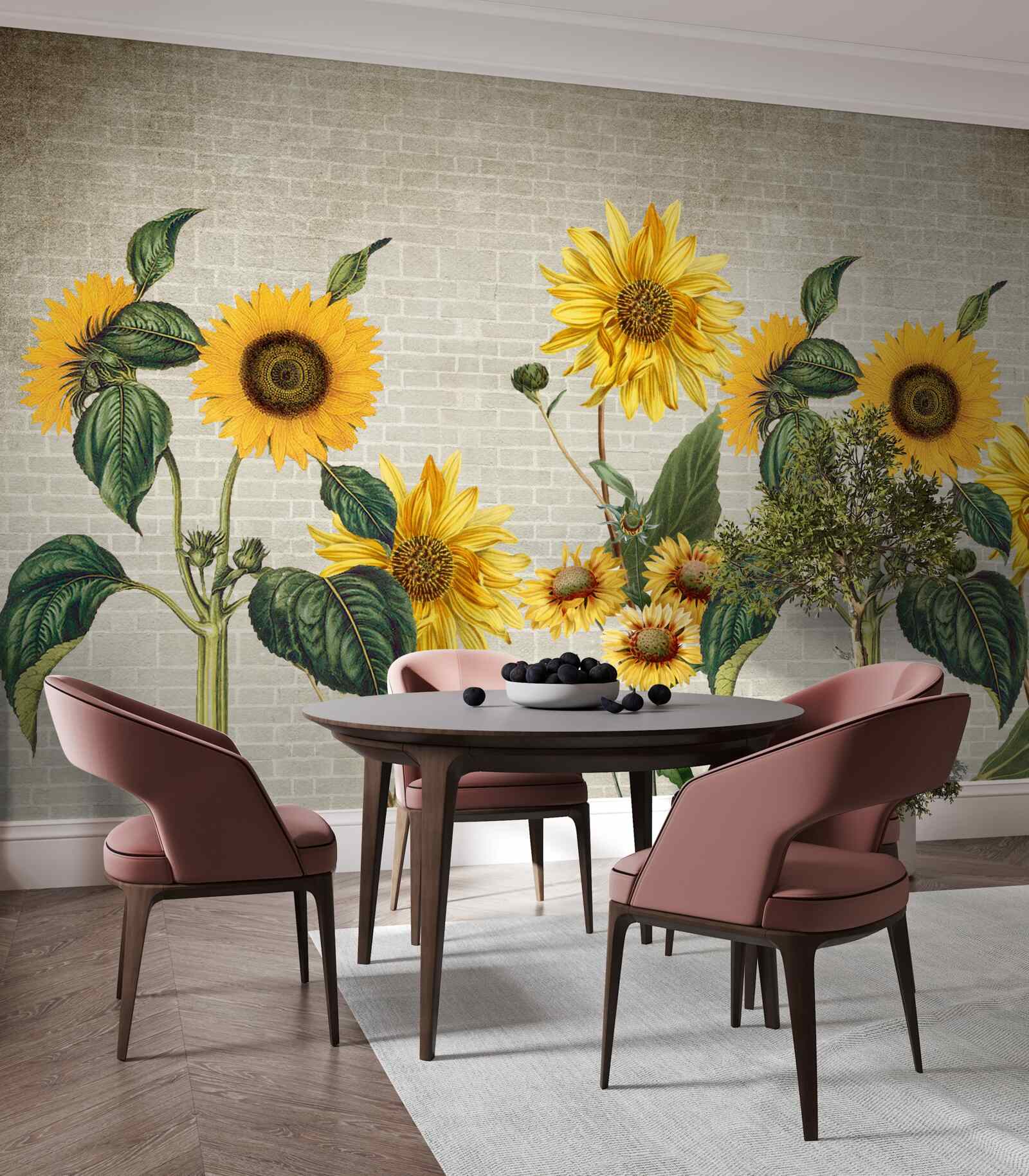 Fotobehang Bakstenen muur met zonnebloemen op de voorgrond