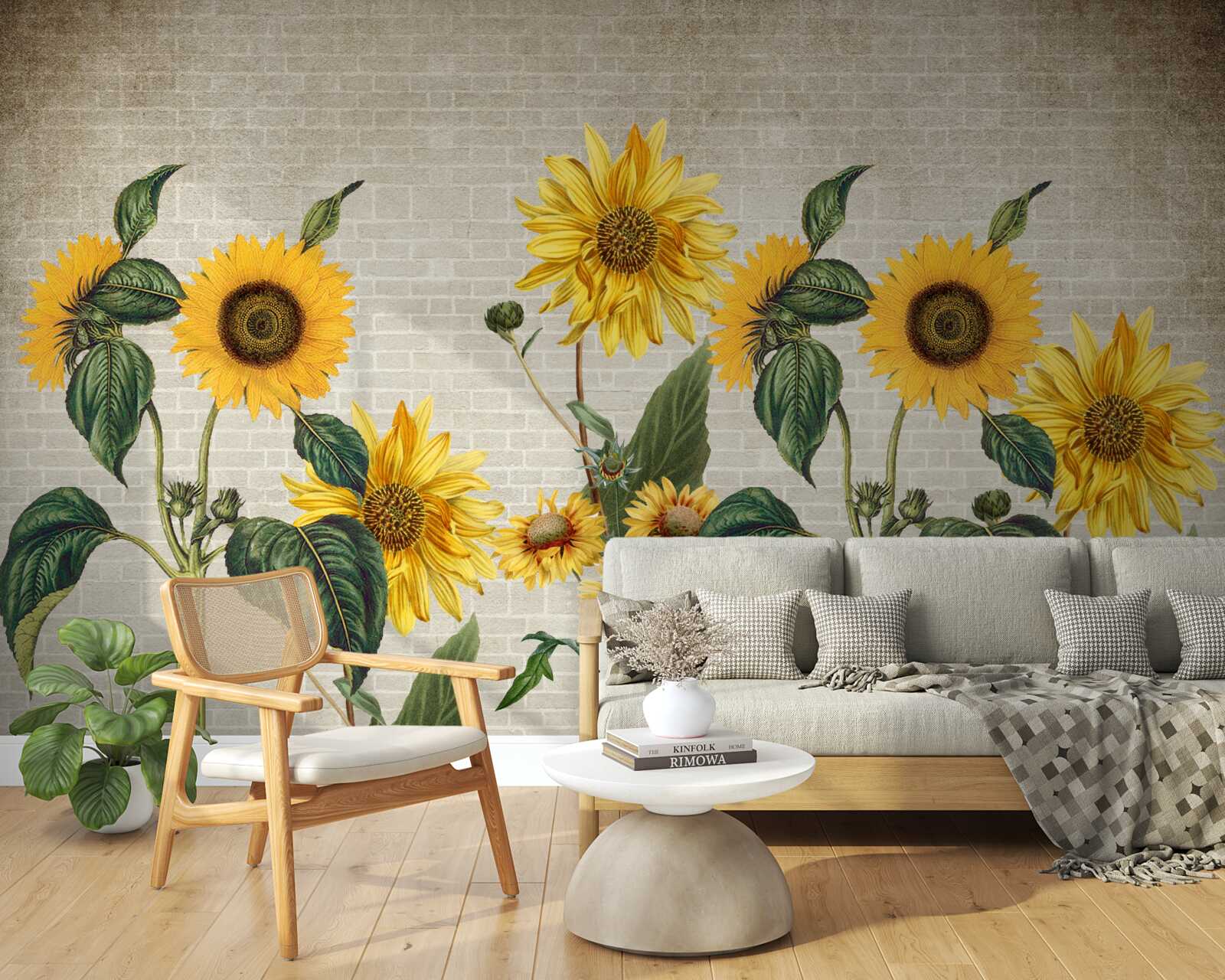 Fotobehang Bakstenen muur met zonnebloemen op de voorgrond