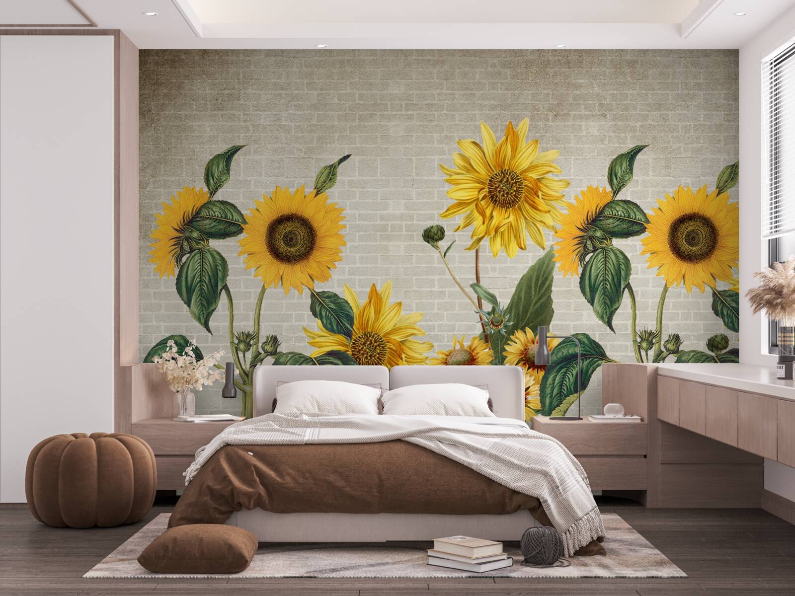 Fotobehang Bakstenen muur met zonnebloemen op de voorgrond
