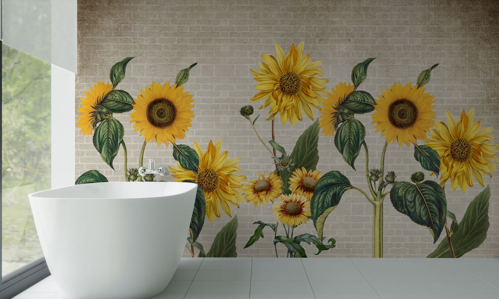 Fotobehang Bakstenen muur met zonnebloemen op de voorgrond