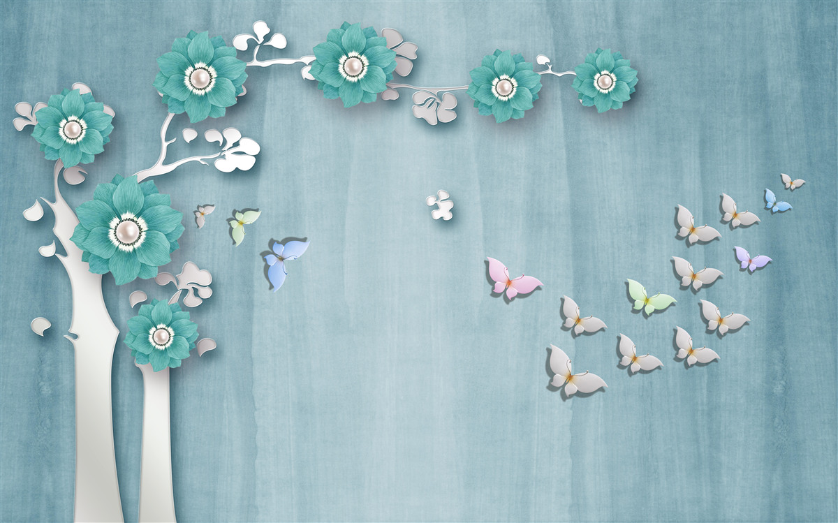 Fotobehang vlinders en groene bloemen die een boom versieren